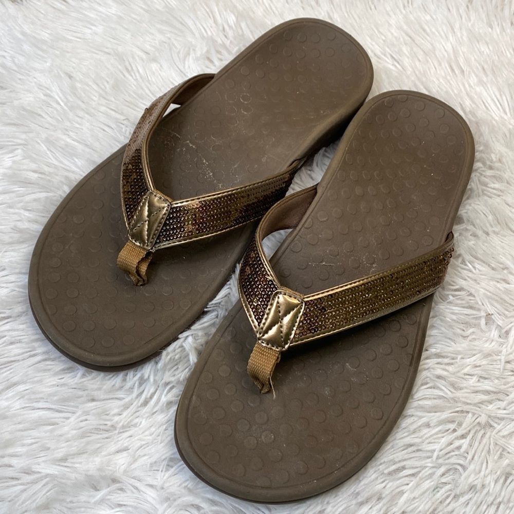 Vionic Orthaheel Tide II Womens Arch Support Flip Flops Bronze Sequins Sz 10